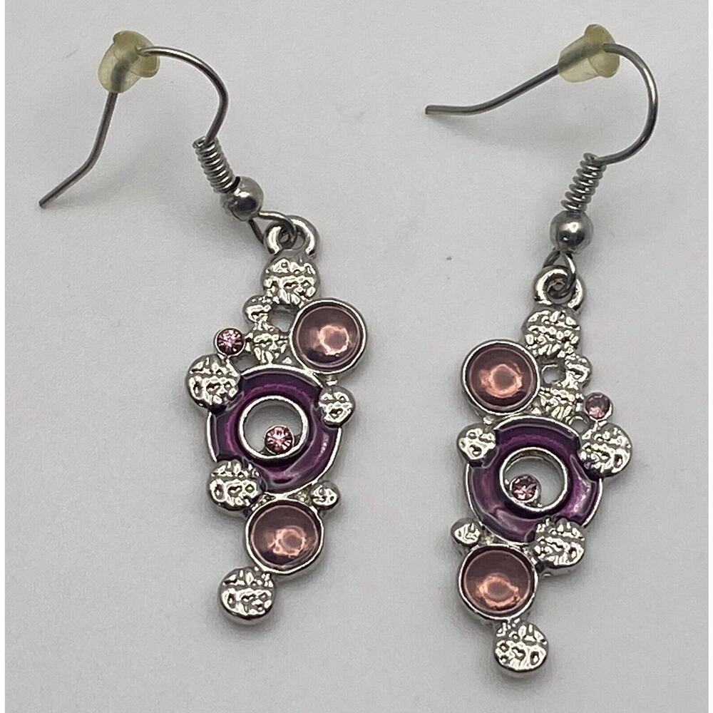 BCN Earrings Purple & Pink Circles w Rhinestones Dangle Drop Silver Tone
